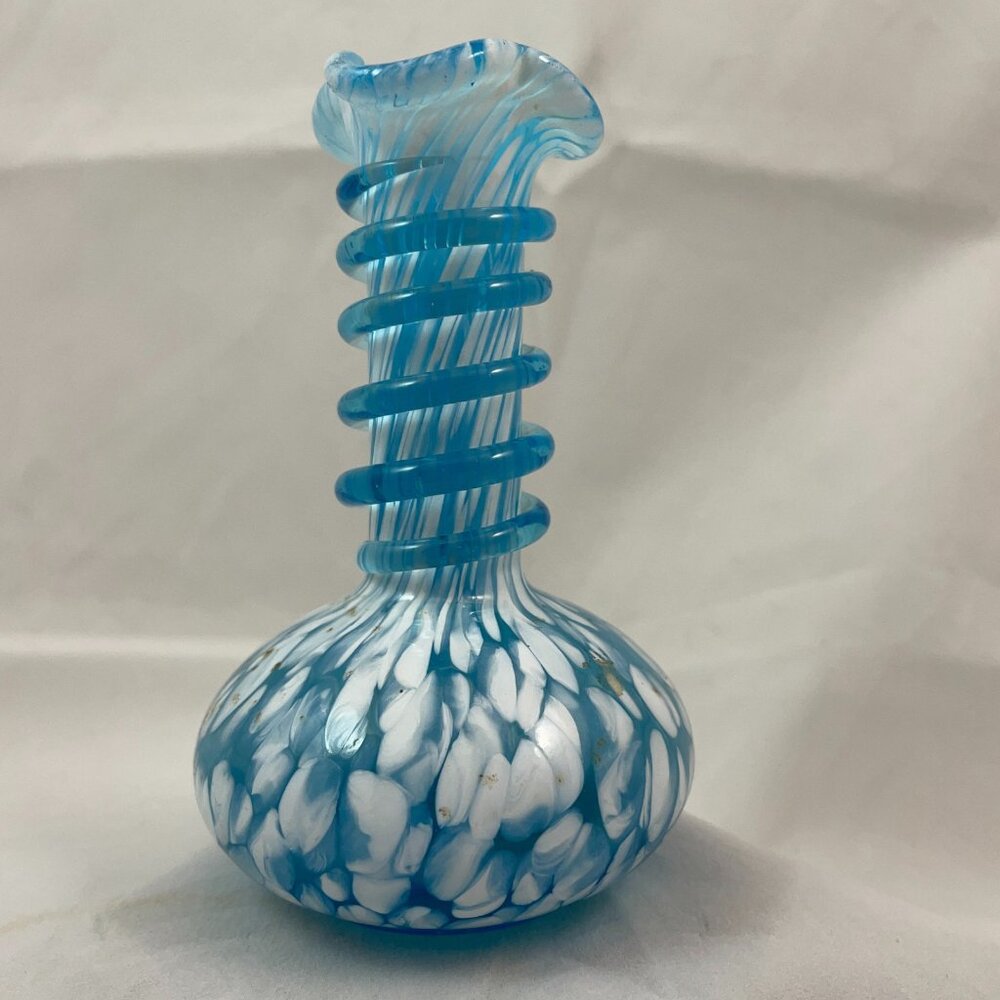 Handblown Blue Art Glass Vase – Swirled Petal Design, 4.75" Tall, Unique Shape